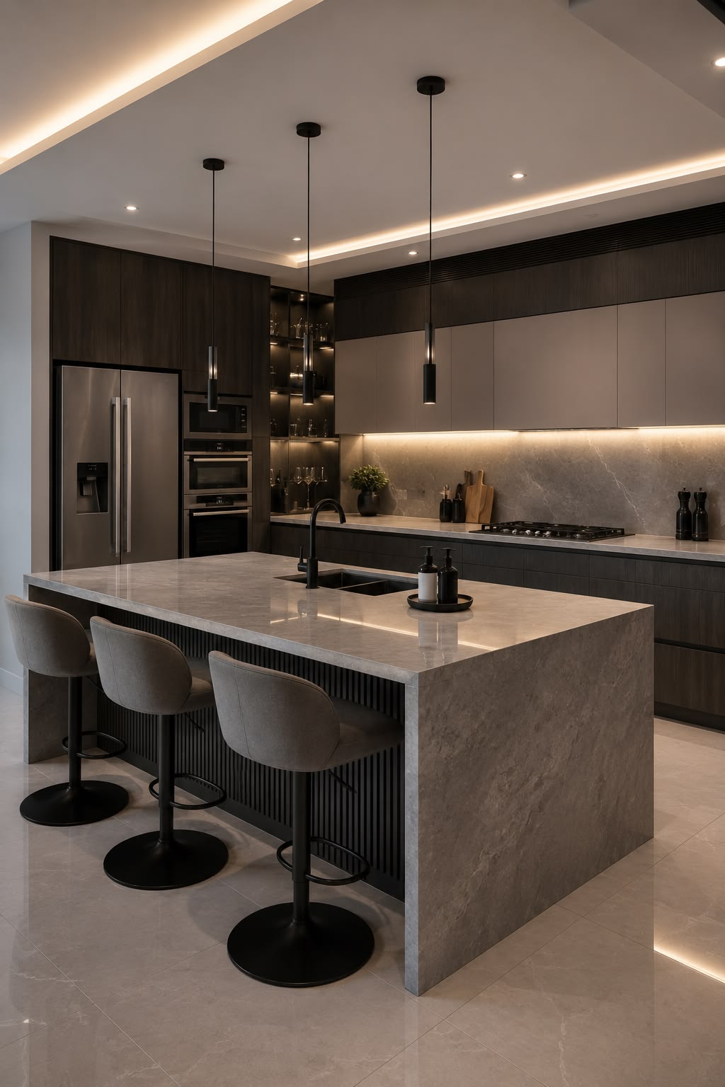 Signature custom kitchen installation with dark timber and stone island